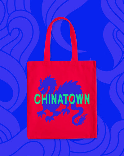 Red Chinatown tote bag with blue dragon