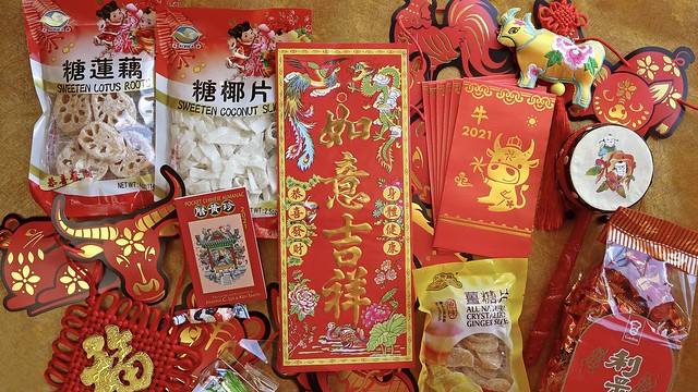Arrangement of Lunar New Year snacks and decorations