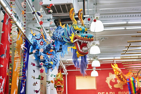 Beautiful blue dragon decoration hanging from ceiling