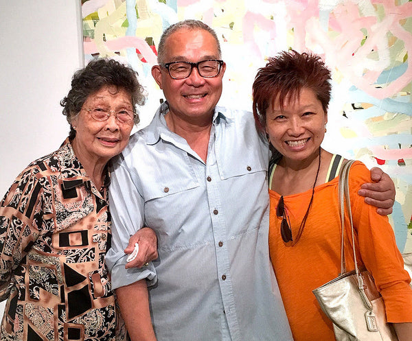 Artist Arlan Huang and opera performer Mee Mee Chin with Mee Mee's mother