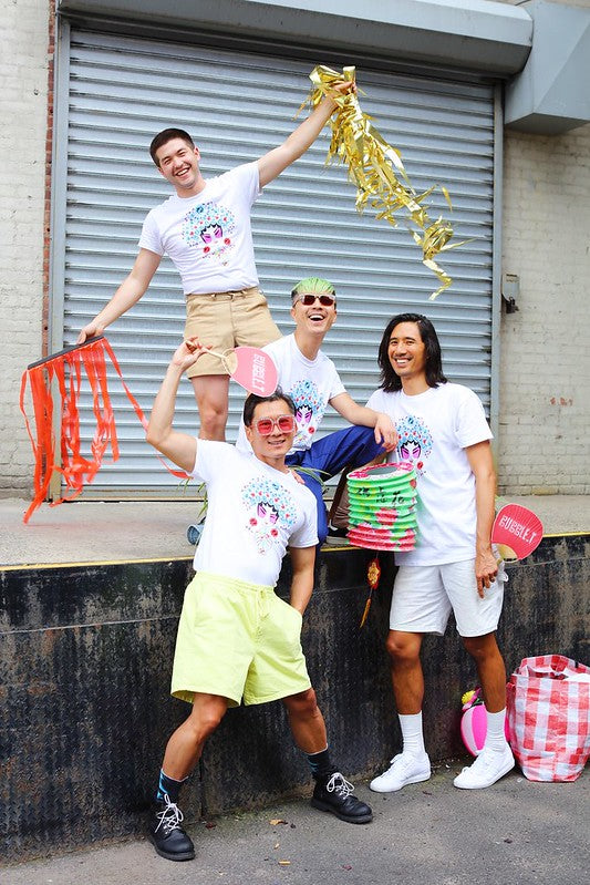 Four guys having fun in their Bubble_T x Pearl River T-shirts