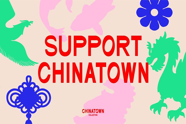 The words Support Chinatown against dragon and lucky fish design