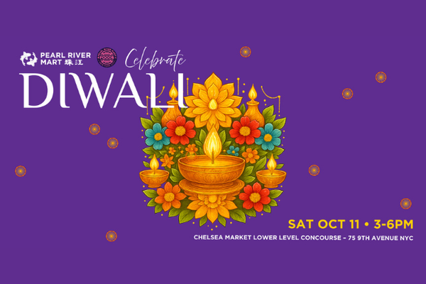 Graphic of Diwali diya with flowers surrounded by text on purple background