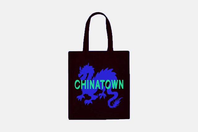 Black bag with blue dragon and chinatown in green