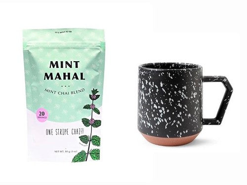 Bag of mint mahal chai and black "chips" design mug