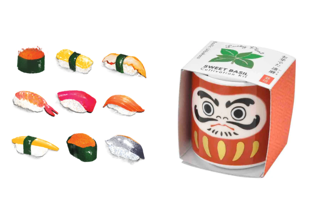 Sushi temporary tattoos and daruma planter