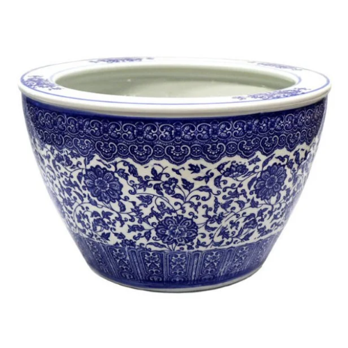 Blue on white peony pattern ceramic planter