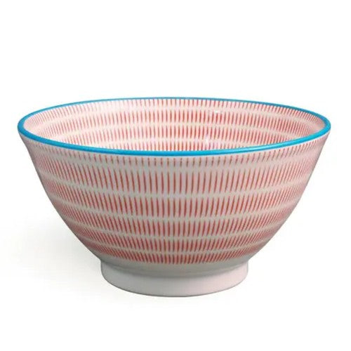 Pink striped ceramic bowl with blue rim