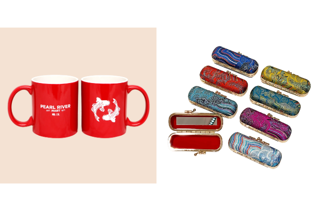 Red mug and brocade lipstick holders