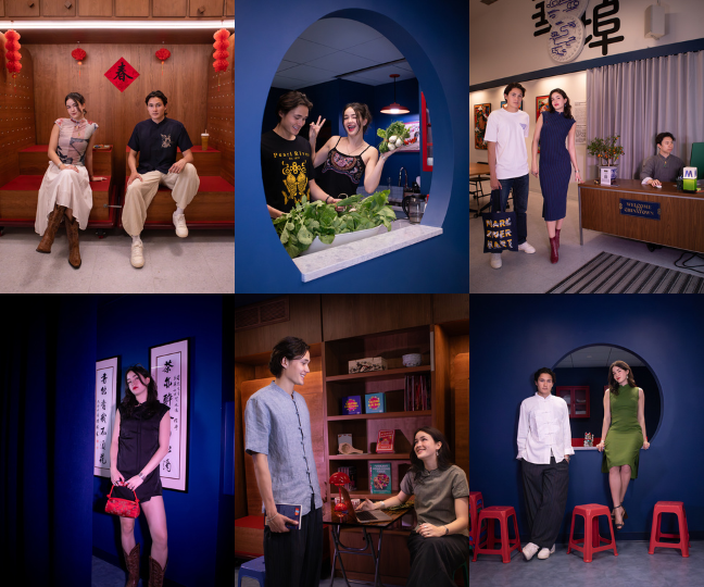 A man and woman fashionable clothing in various shots against blue, wood, and taupe backgrounds