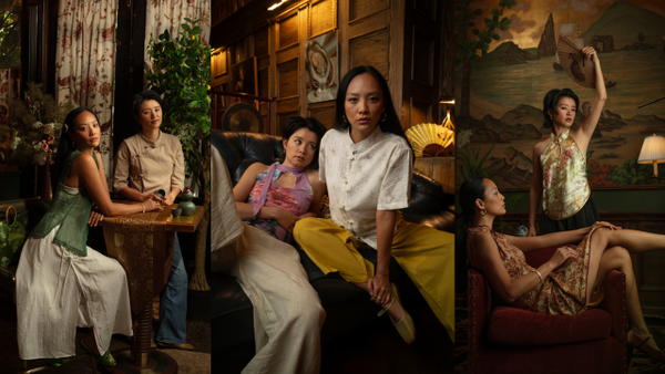 A three-panel editorial collage showing women modeling traditional Chinese cheongsam/qipao-style dresses in warm, vintage-inspired interiors. The left panel shows three women seated around a table in a dimly lit room with floral curtains.