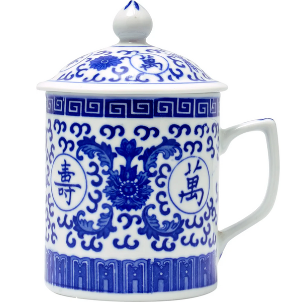 Blue and White Ceramic Mug with Lid- Longevity