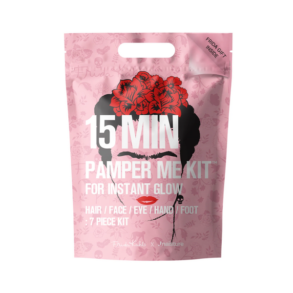 Pink '15 Min Pamper Me Kit' packaging with a woman's silhouette and floral design.