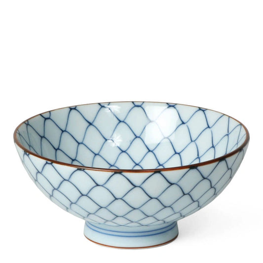 Ceramic bowl with blue geometric pattern on a white background