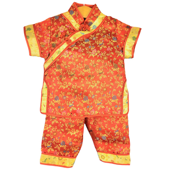 Red Short Sleeve Daisy Brocade Outfit with Gold Accents