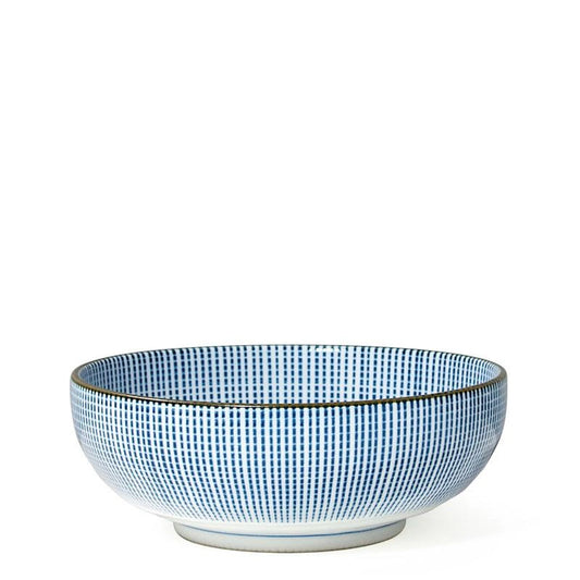 A ceramic bowl with a blue and white grid pattern and a thin dark rim, photographed on a clean white background.