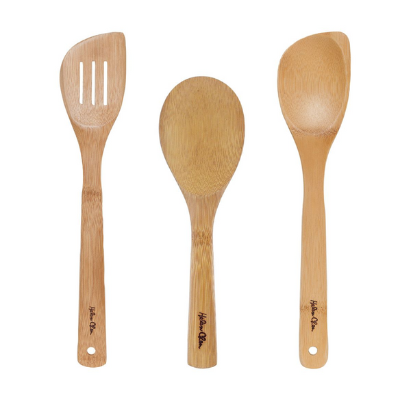 Bamboo slotted spatula, spoon, and angled spoon