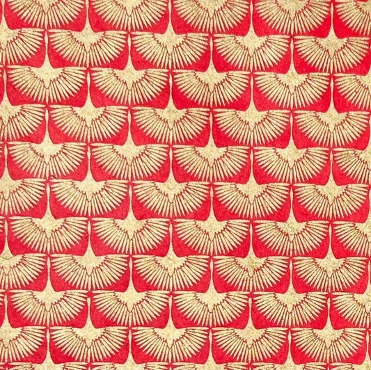 Red and gold patterned paper featuring a repeating crane motif.