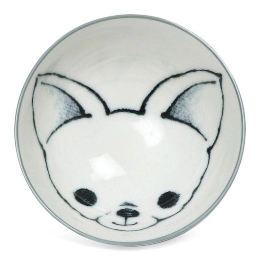 Ceramic bowl with a cute black outline of an animal face, featuring big ears and a small nose, on a white background. Playful and charming design.