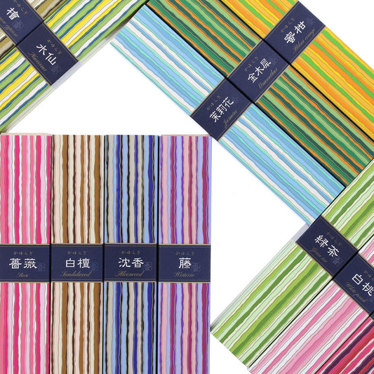Collection of striped incense boxes with labeled colors on a white background