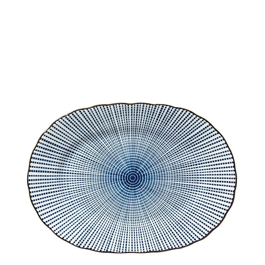 An oval-shaped ceramic plate featuring a blue and white radial dotted pattern that converges to a spiral center, finished with a dark rim, shown against a plain white background.