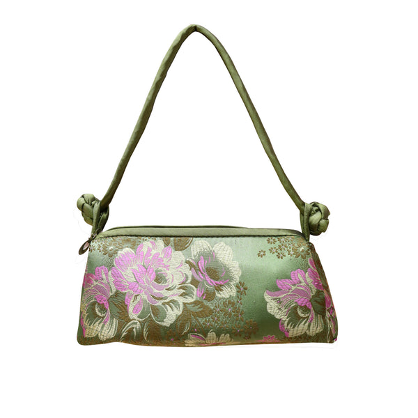 Brocade Mini Shoulder Bag with Pink Floral Design - Pale Green