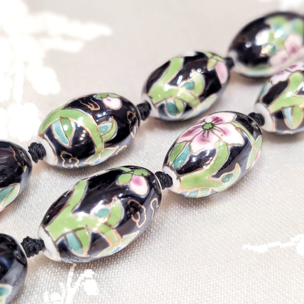 Oval Cloisonne-Design Porcelain Necklace with Lotus Design (Various Colors)