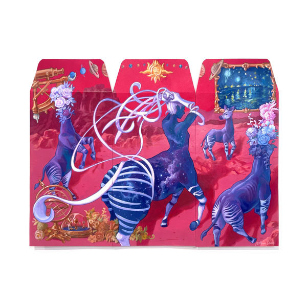 Decorative envelopes with fantasy animal illustrations on a red background