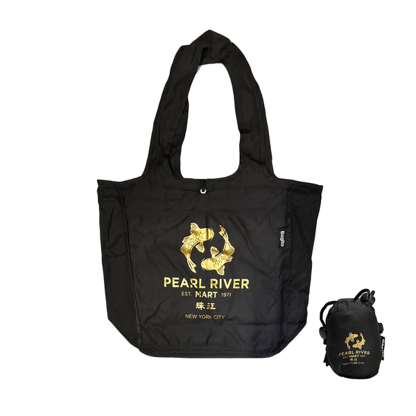 Black tote bag with gold logo and text on a white background