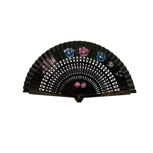 Black hand fan with floral designs on a white background