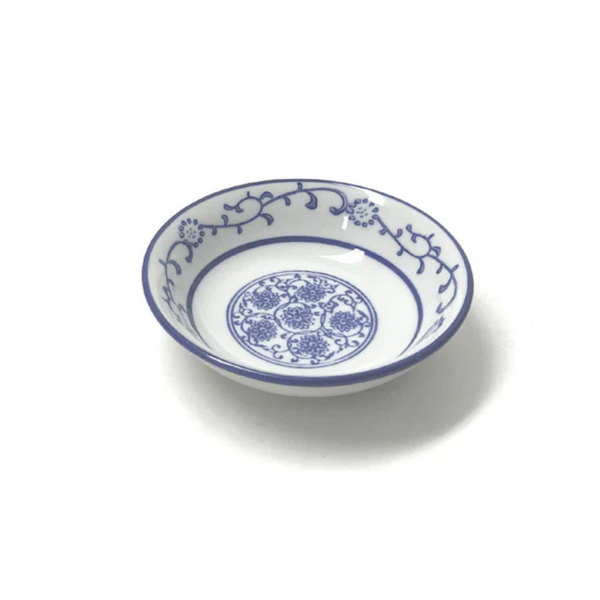 4" sauce dish in a blue lotus and vine pattern
