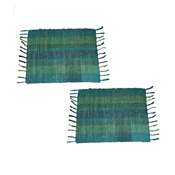 Two indigo woven placemats with fringe on a white background