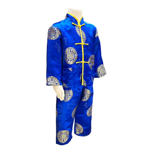 Traditional kids outfit in blue with gold medallion design on mannequin