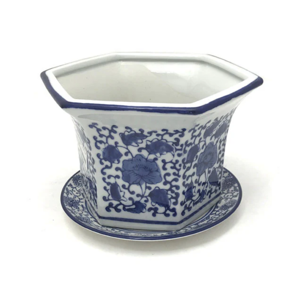 Blue on White Ceramic Flower Pot w. Tray (Hex - Lotus) (Out of Stock)