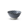 Blue on white ceramic bowl in a diamond and circle ceramic art design