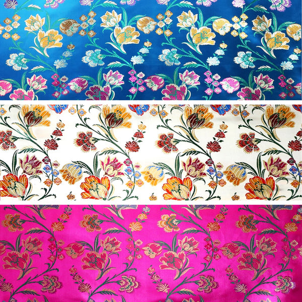 Tulip Floral Brocade Fabric in 3 colors. From top to bottom: turquoise, white/silver, and fuchsia
