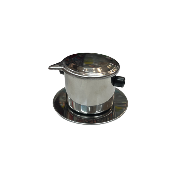 Stainless steel coffee filter holder on a white background