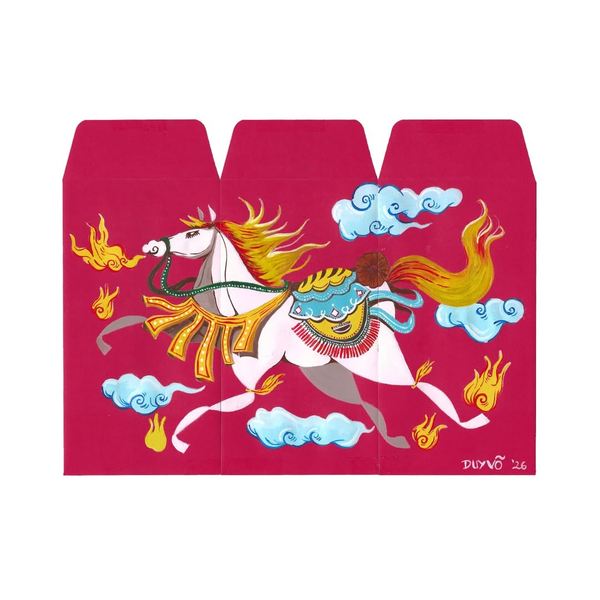 Decorative red envelopes with a colorful horse design on a white background