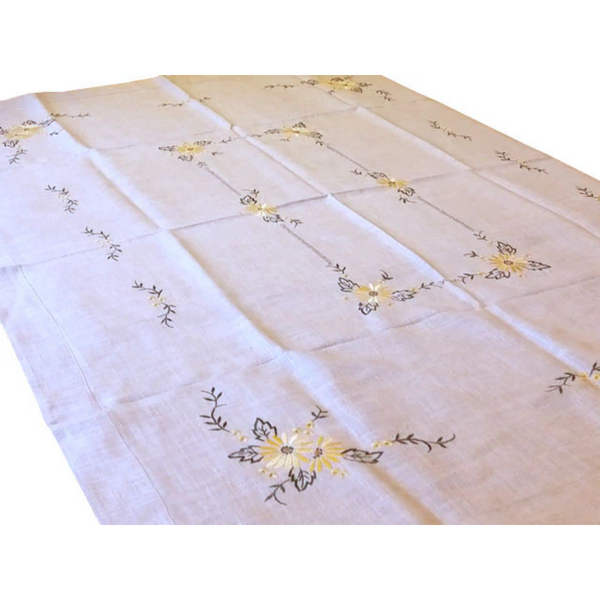 embroidered linen table cloth with floral design