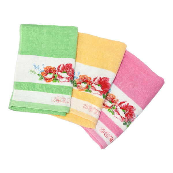 Green, peach, and pink floral pattern towels