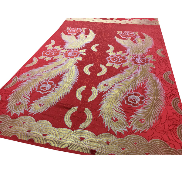 Golden Phoenix with Peony & Rings Design Brocade Fabric - Red