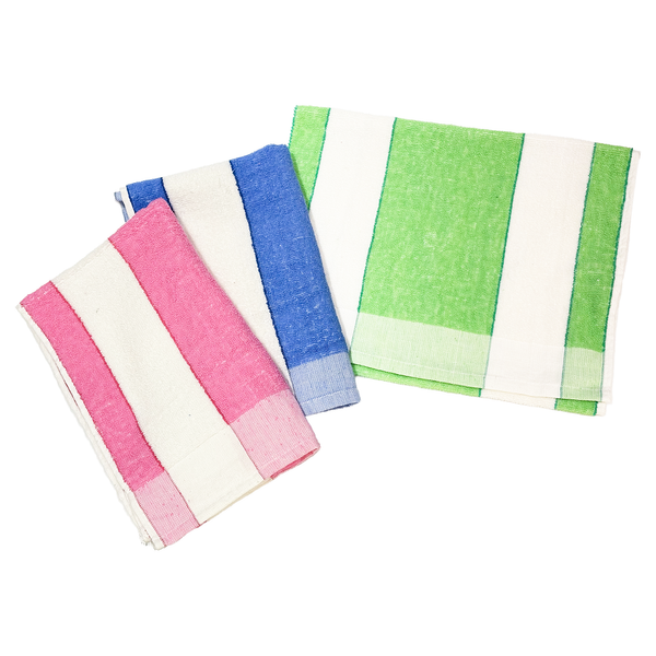 Pink, blue,and green striped towels with green unfolded