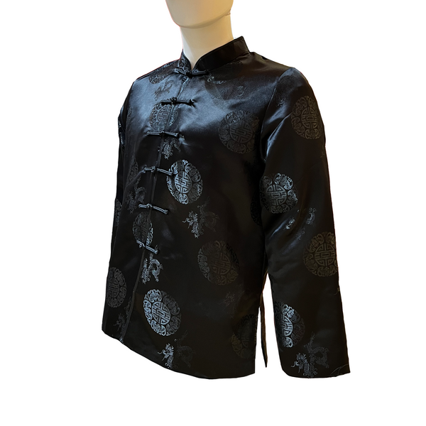 Black traditional jacket with intricate patterns on a white background