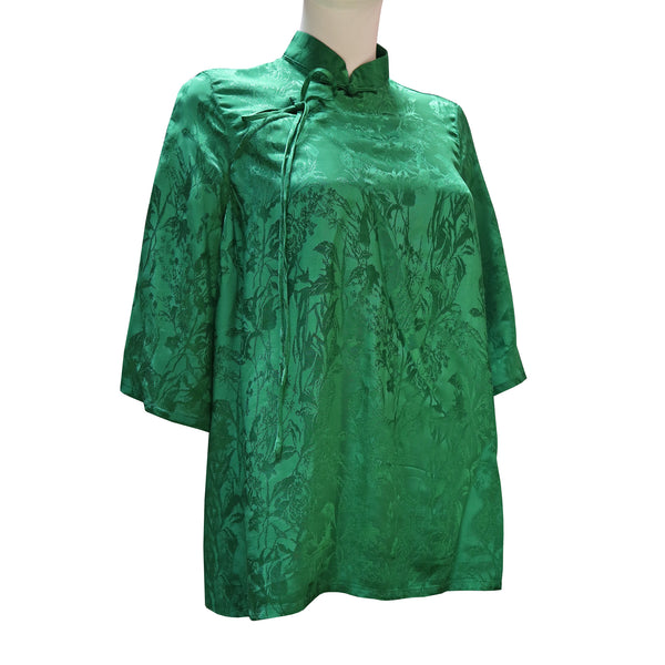 Mid-Sleeve Leaf Print Blouse with Mandarin Collar - Green