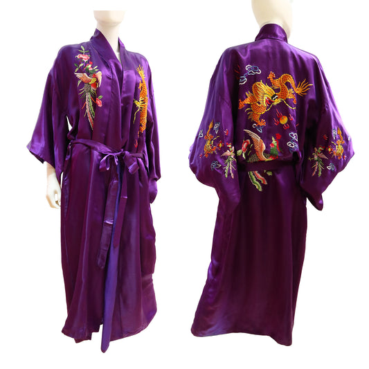 Embroidered Silk Robe with Dragon-Phoenix Design violet