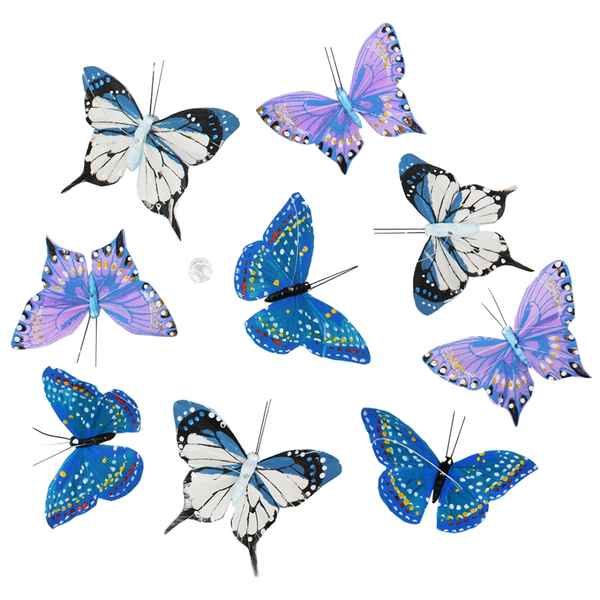 Colorful butterfly decorations on a white background