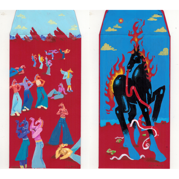 Two colorful art pieces side by side on a white background.