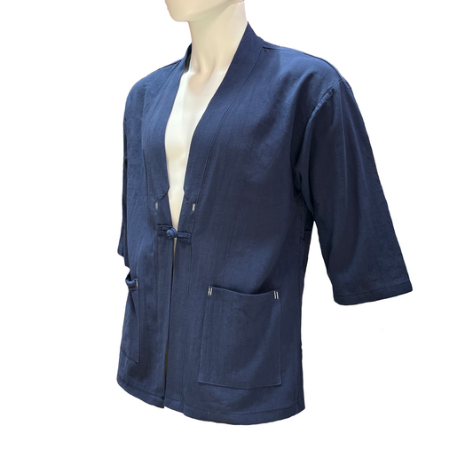 Navy blue jacket on a mannequin against a white background
