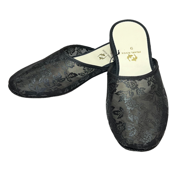 Black mesh slippers on a white background