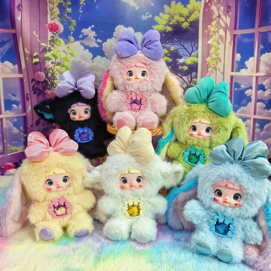 Colorful plush toys with decorative bows in a whimsical setting